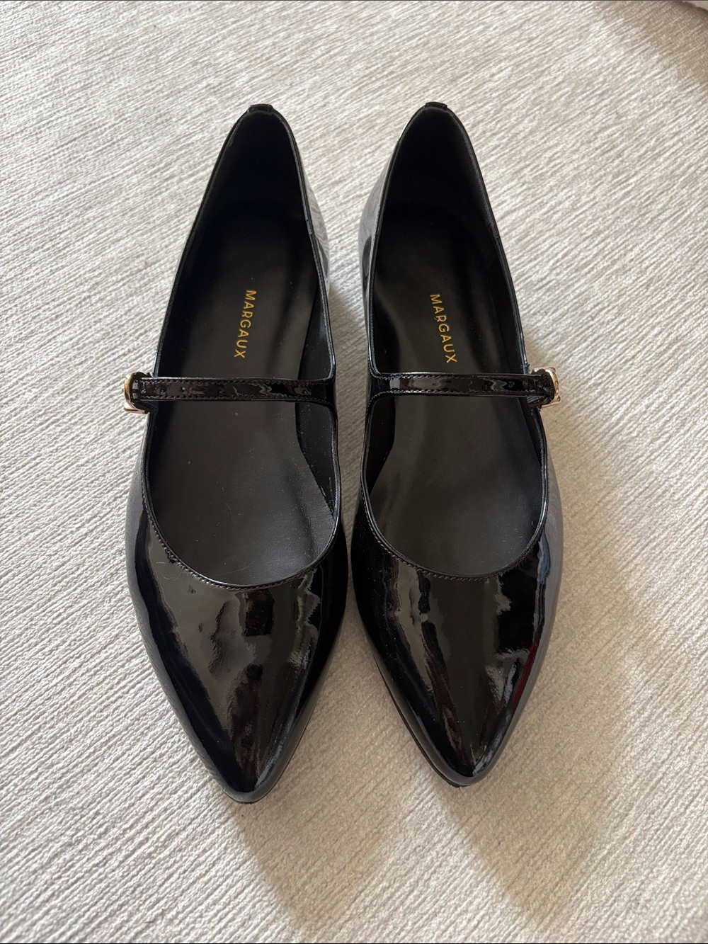 Margaux Black Patent Mary Jane Pointed Flats with Gold Buckle